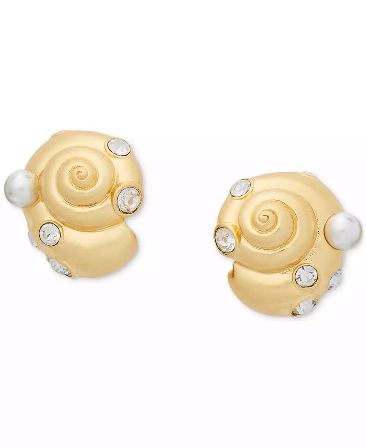Gold-Tone Pavé & Imitation Pearl Shell Stud Earrings