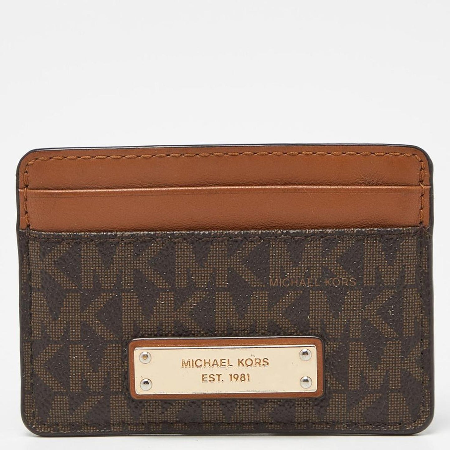 Michael Kors Beige/brown Signature Coated Canvas And Leather Card Case