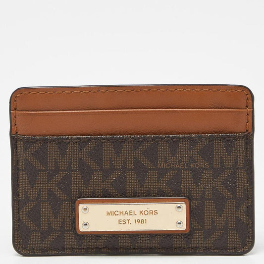 Michael Kors Beige/brown Signature Coated Canvas And Leather Card Case