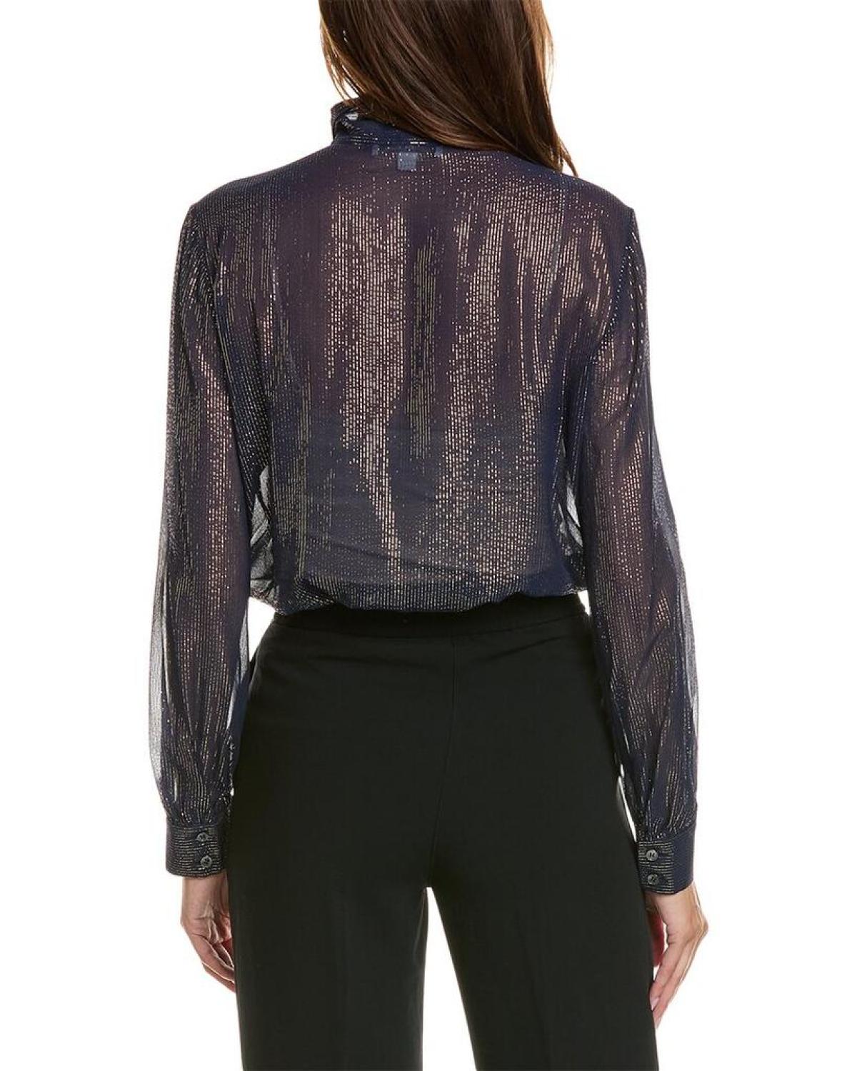 Michael Kors Collection Stripe Chiffon Neck Tie Silk-Blend Shirt