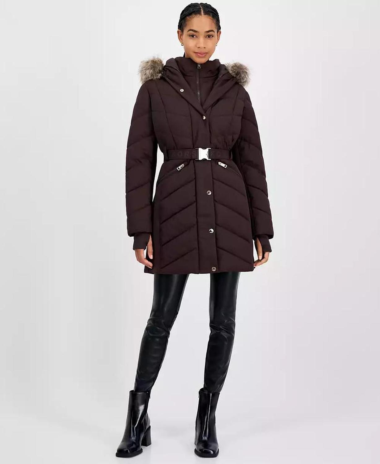 Women's Faux-Fur-Trim Hooded Belted Puffer Coat