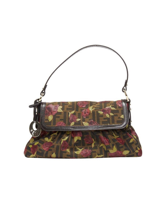 FENDI Chef red rose print brown FF Zucca canvas leather shoulder bag