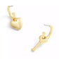 Gold Tone Heart and Key Mismatch Charm Huggie Earrings