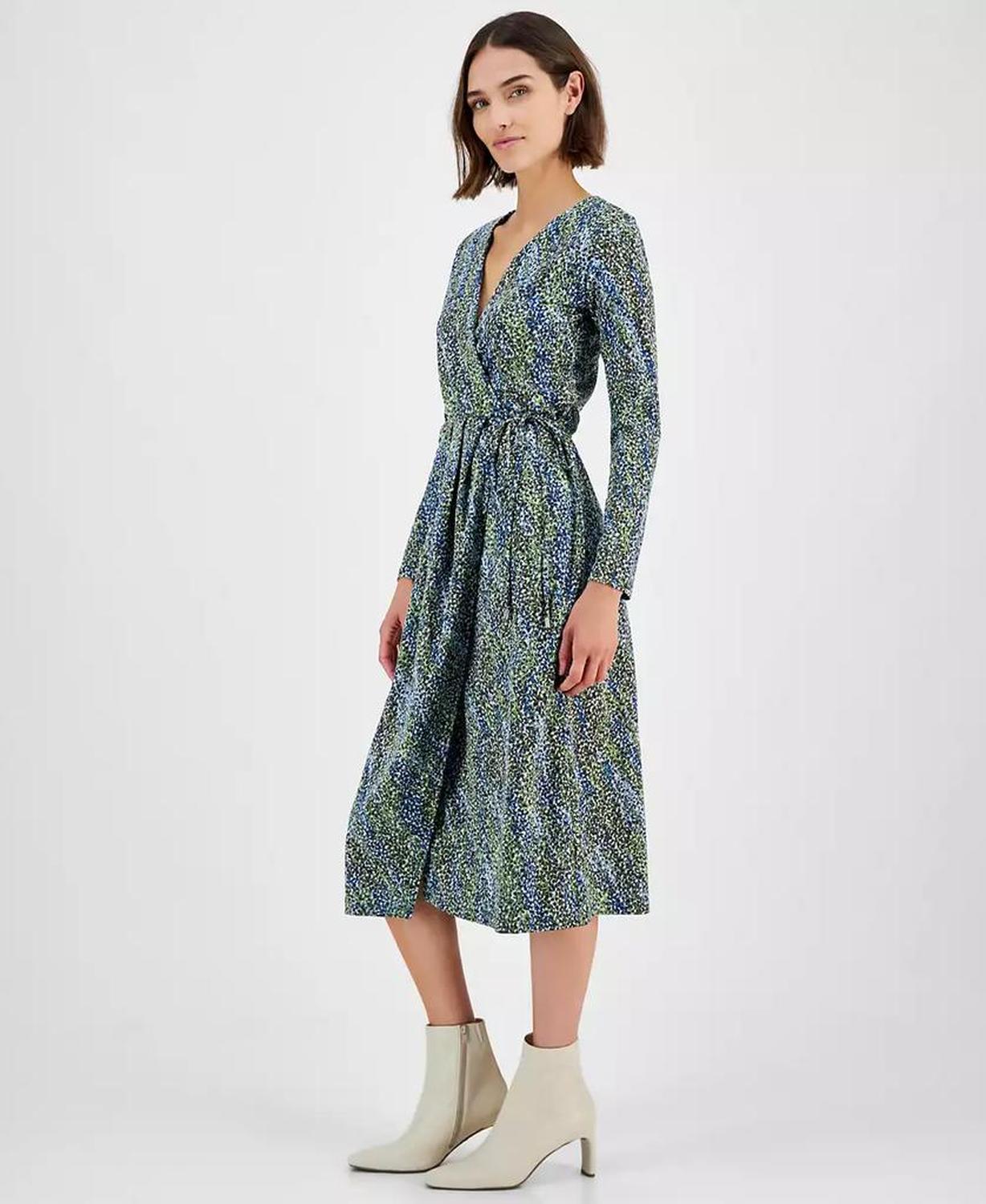 Women's Printed Long-Sleeve Midi Wrap Dress
