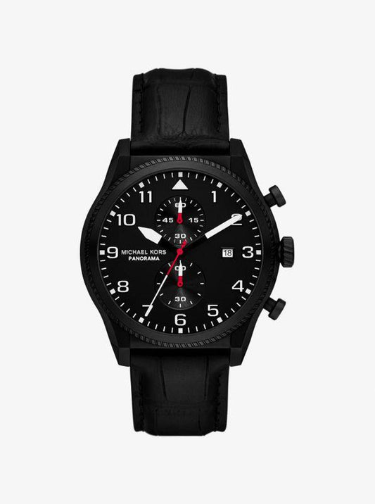 Oversized Panorama Black-Tone and Crocodile Embossed Leather Watch