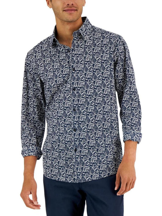 Mens Floral Print Cotton Button-Down Shirt