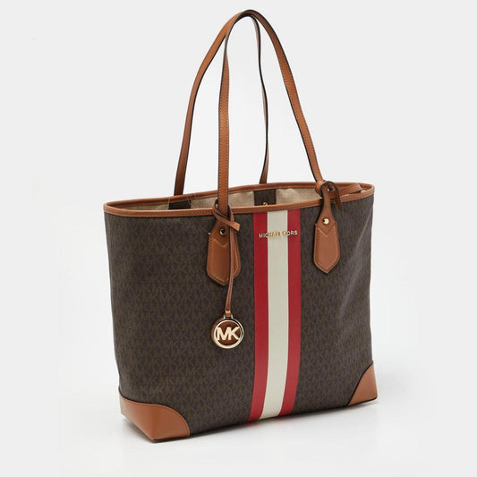 Michael Kors Signature Coated Canvas And Leather Large Logo Stripe Eva Tote