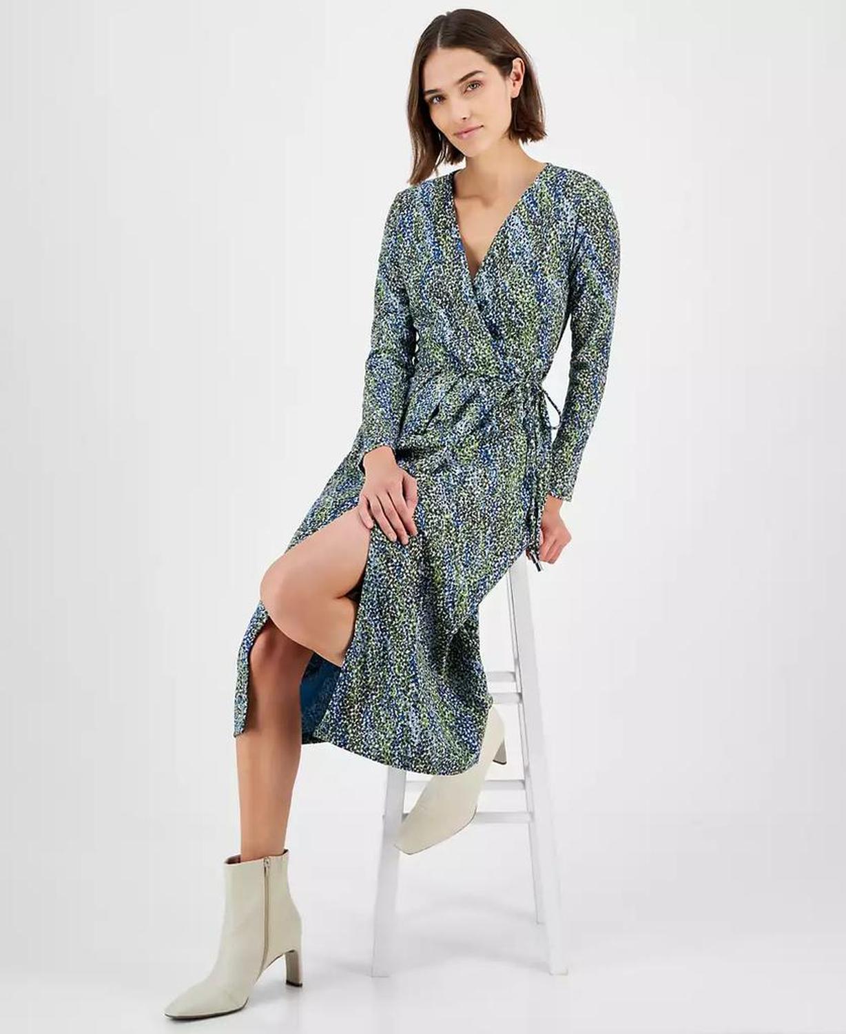 Women's Printed Long-Sleeve Midi Wrap Dress