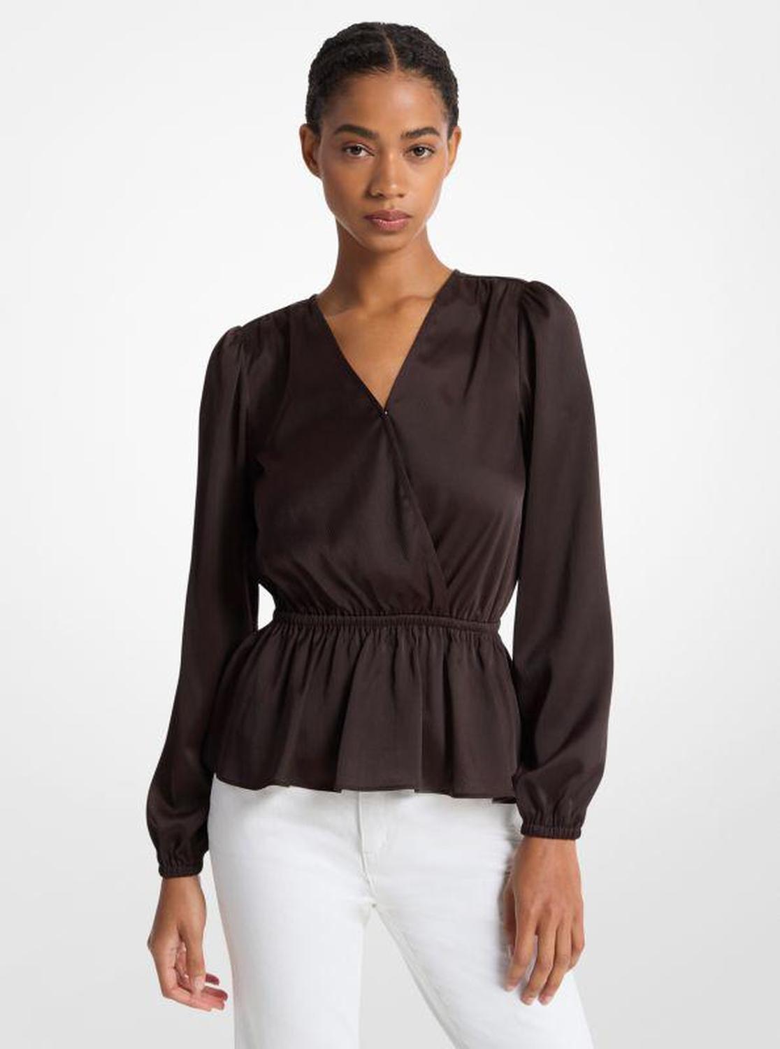 Crinkled Satin Long-Sleeve Top