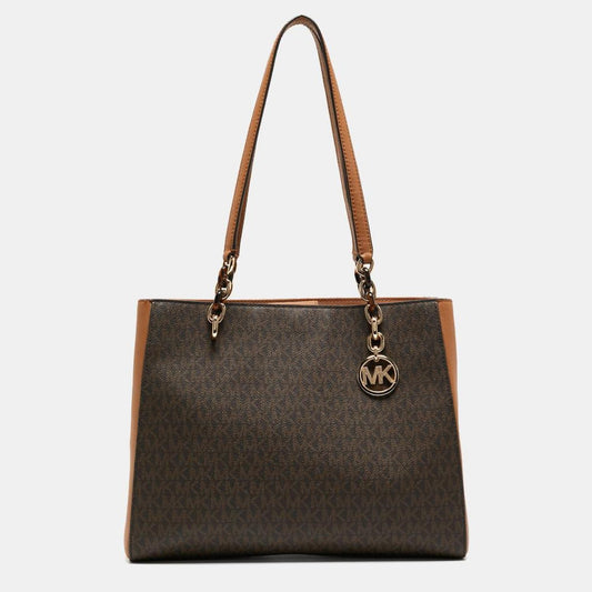 Michael Kors Tow Tone Signature Coated Canvas And Faux Leather Large Sofia Tote