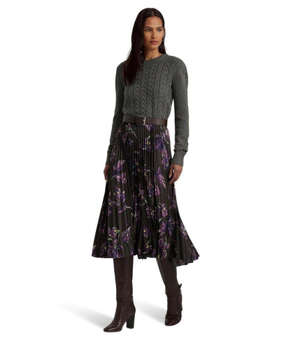 Floral Pleated Satin Charmeuse Skirt