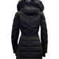 Belted Faux-Fur-Trim Hooded Puffer Coat In Black