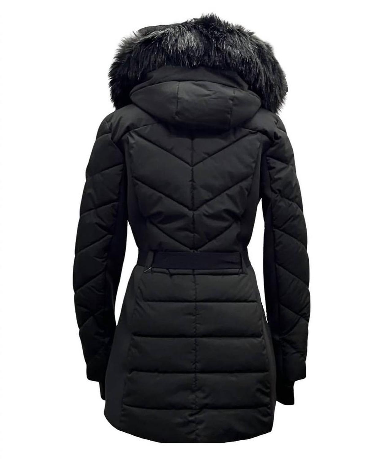 Belted Faux-Fur-Trim Hooded Puffer Coat In Black