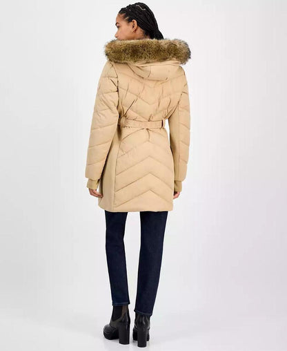 Women's Faux-Fur-Trim Hooded Belted Puffer Coat