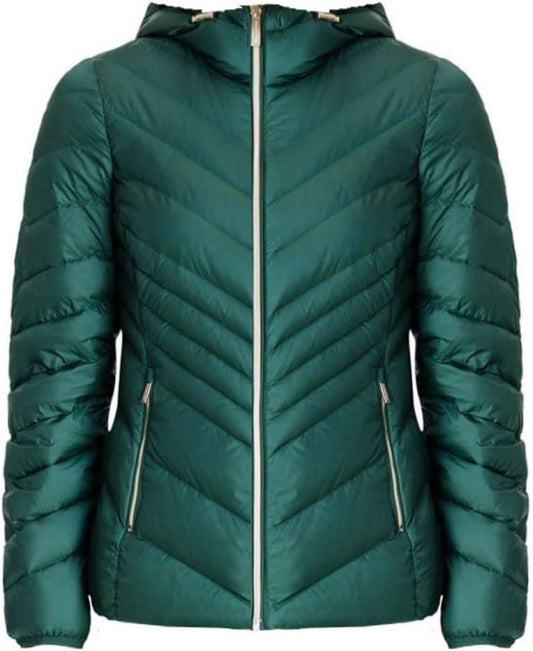 Michael Michael Kors Women's Green Chevron Double Layer Zipper 3/4 Hooded Packable Coat