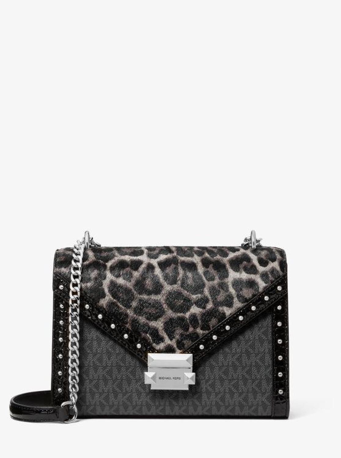 Whitney Medium Signature Logo and Leopard Print Calf Hair Shoulder Bag