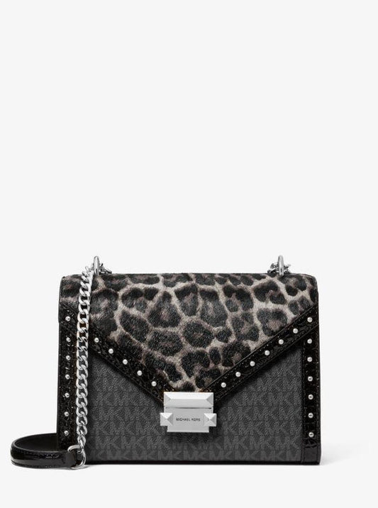 Whitney Medium Signature Logo and Leopard Print Calf Hair Shoulder Bag