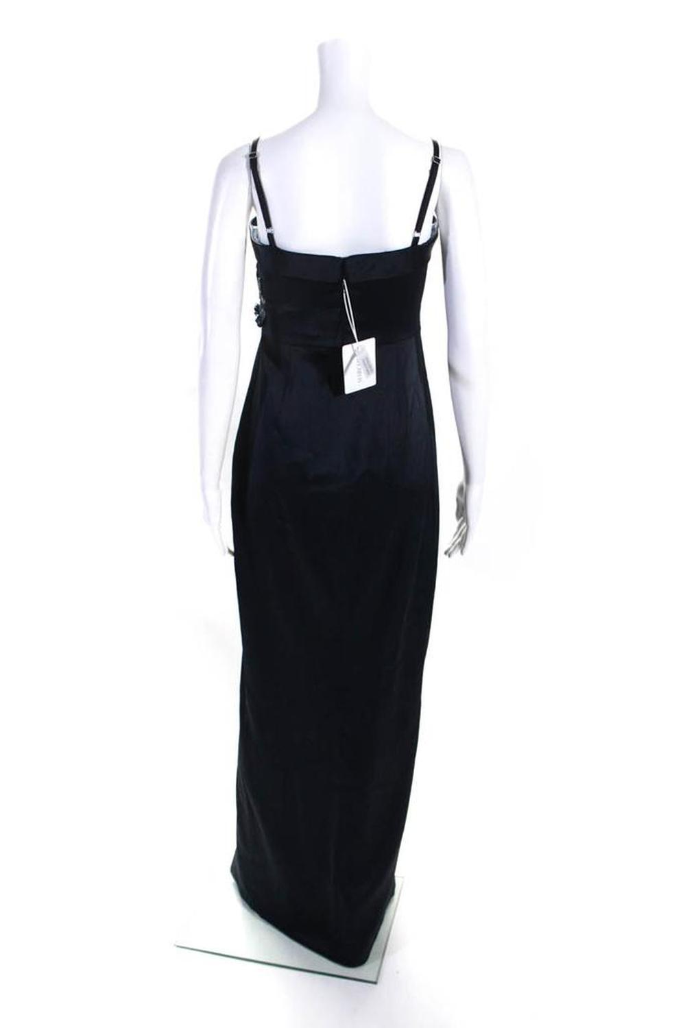 Marchesa Notte Womens Back Zip Side Slit Satin Embellished Gown Navy
