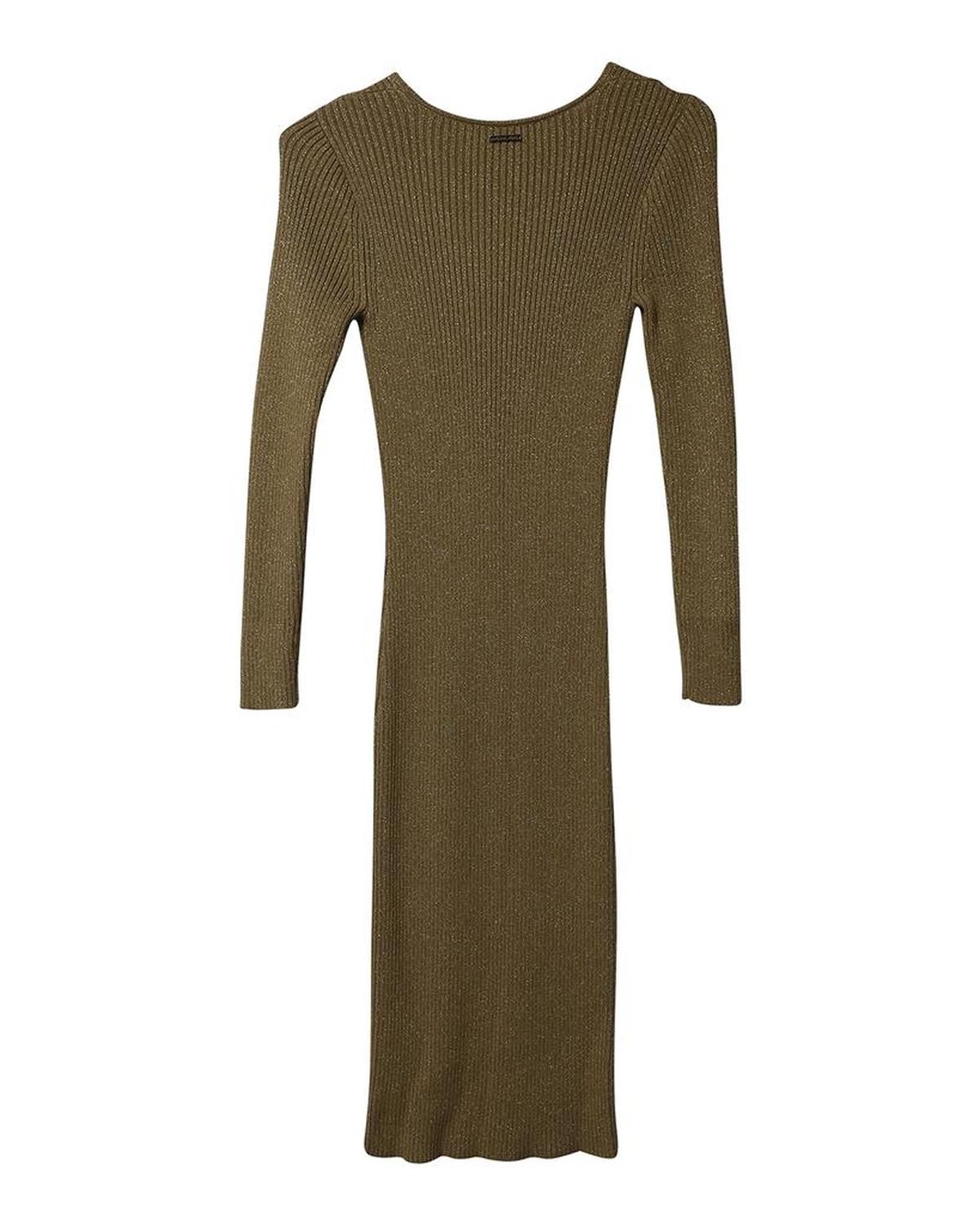 Fitted Ribbed Knit Midi Dress in Metallic Gold Viscose