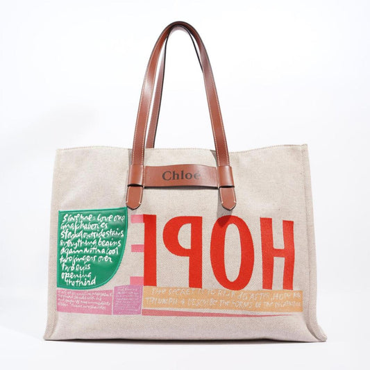 Chloe Corita Kent Tote Beige / Multicoloured Writing Canvas Large