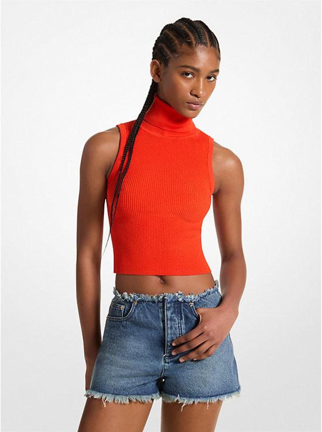 Red Crop Top Sweater Turtleneck Crop Top Sweater Sleeveless