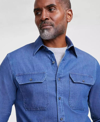 Men's Slim-Fit Double Pocket Chambray Long-Sleeve Button-Down Shirt