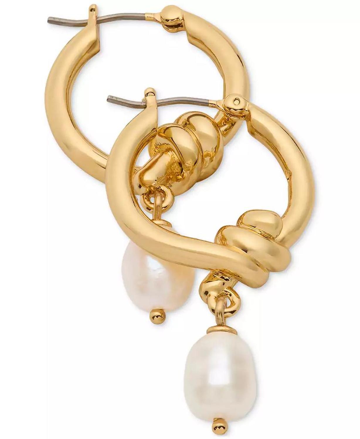 Gold-Tone Freshwater Pearl Charm Knot Hoop Earrings