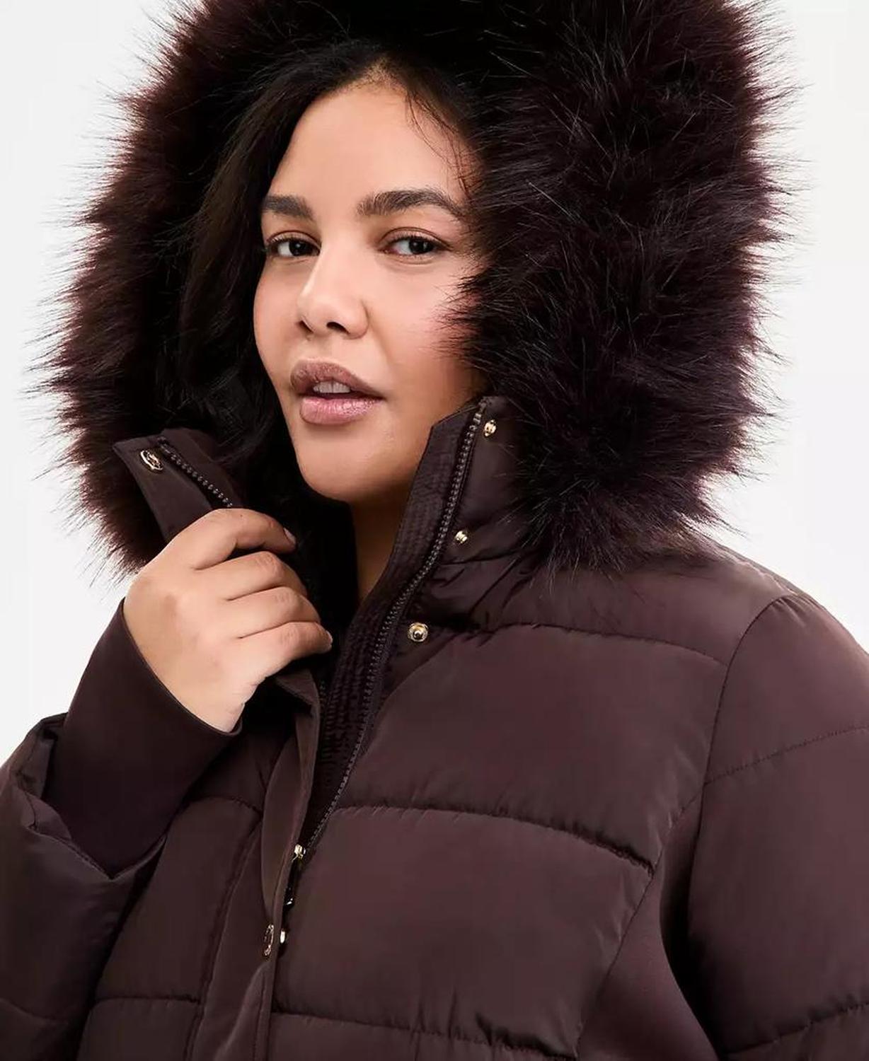 Plus Size Faux-Fur-Trim Hooded Puffer Coat, Exclusively at Macy's