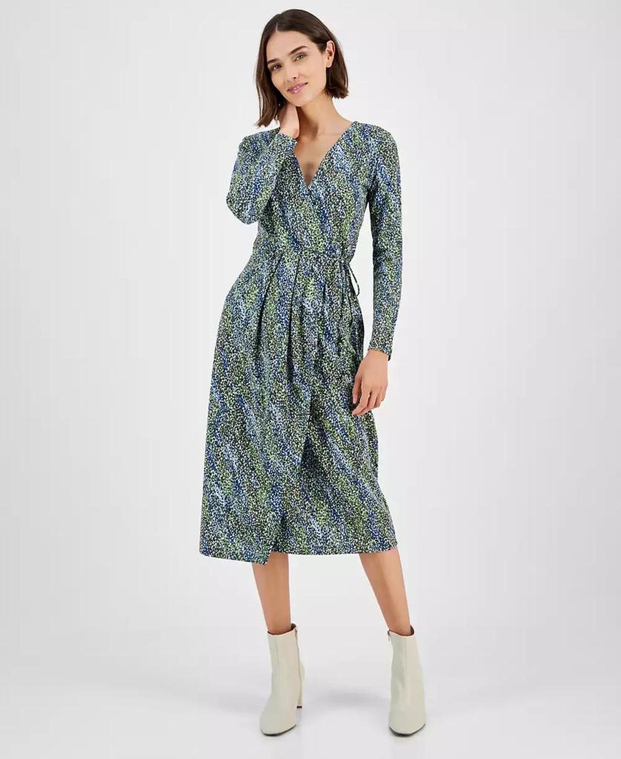 Women's Printed Long-Sleeve Midi Wrap Dress