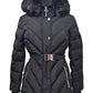 Women's Belted Down Chevron Scutab Stretch Quilted Faux Fur Coat Jacket In Black