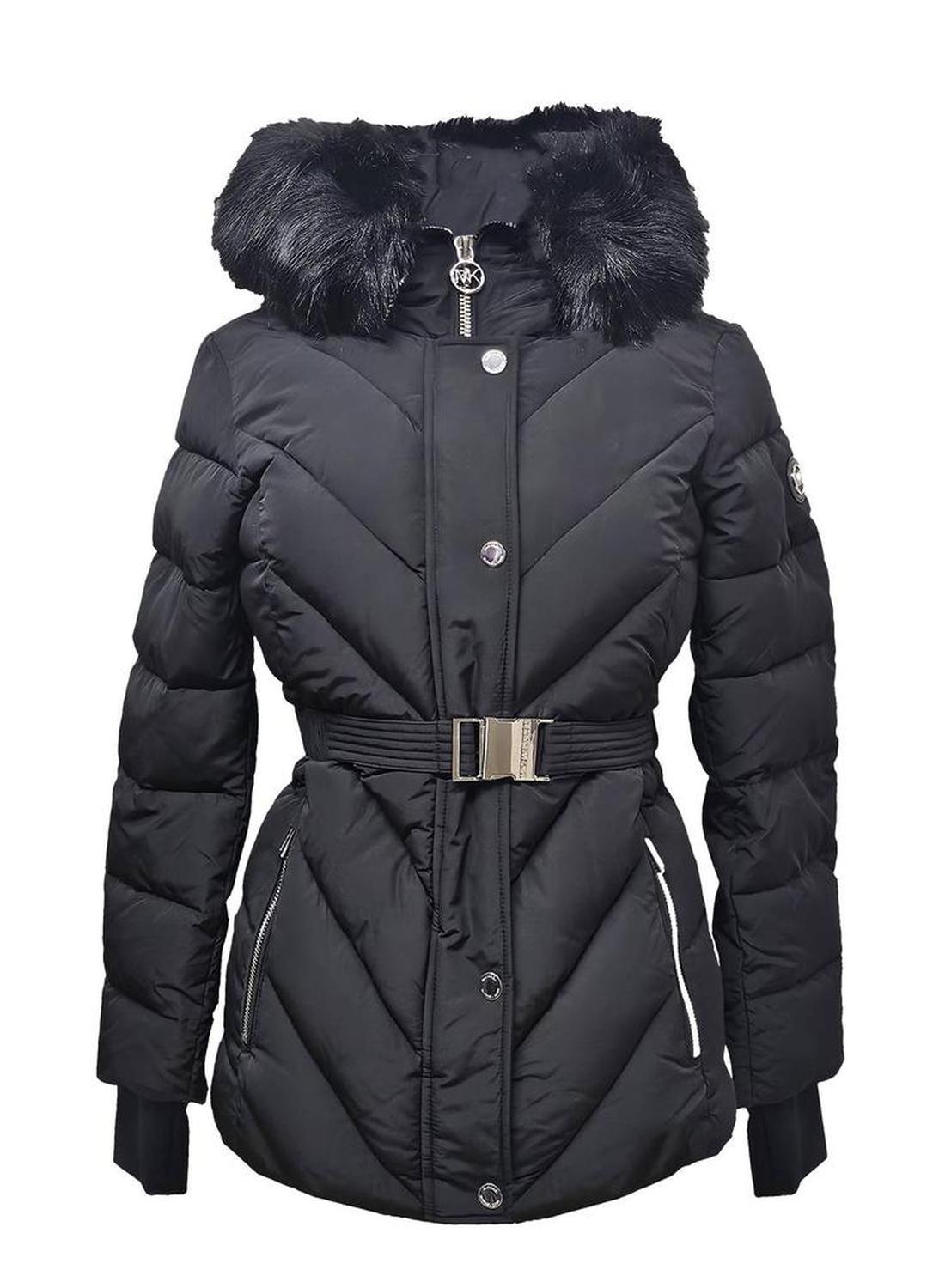 Women's Belted Down Chevron Scutab Stretch Quilted Faux Fur Coat Jacket In Black