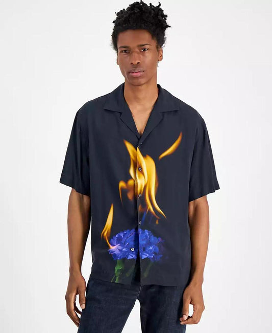 Men's Oversized-Fit Printed Button-Down Camp Shirt