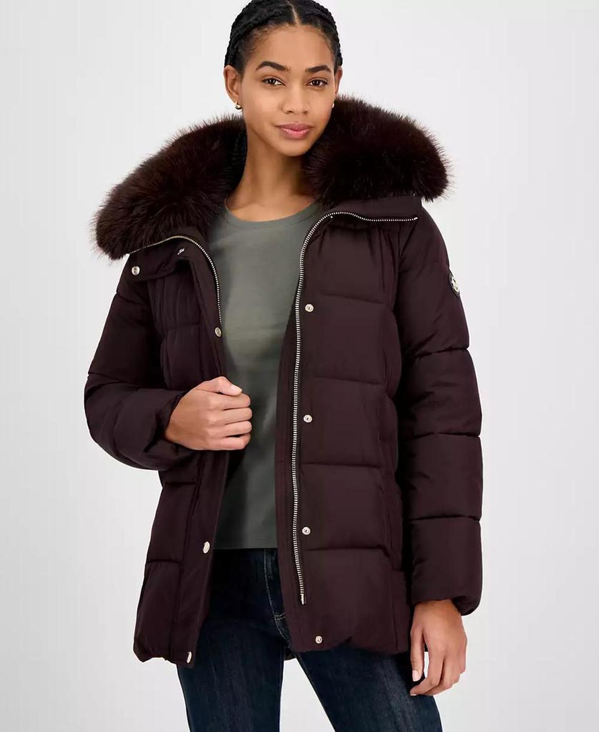Women's Belted Hooded Faux-Fur-Collar Puffer Coat, Exclusively at Macy's