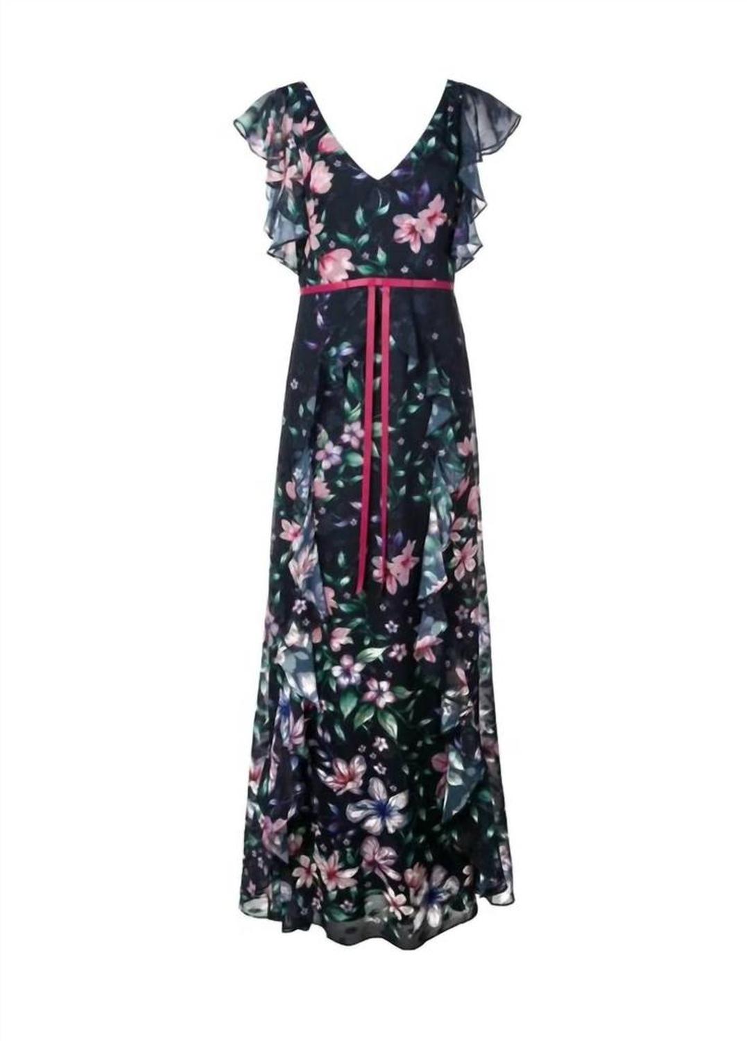 Notte Navy Floral Sleeveless Printed Chiffon Gown In Blue