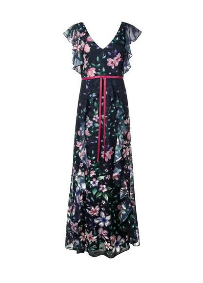 Notte Navy Floral Sleeveless Printed Chiffon Gown In Blue