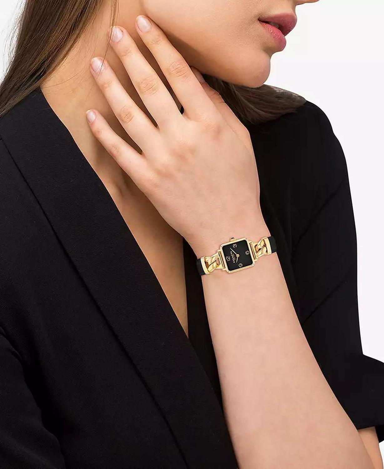 Women's Cass Gold-Tone Stainless Steel and Black Leather Strap Watch, 22mm