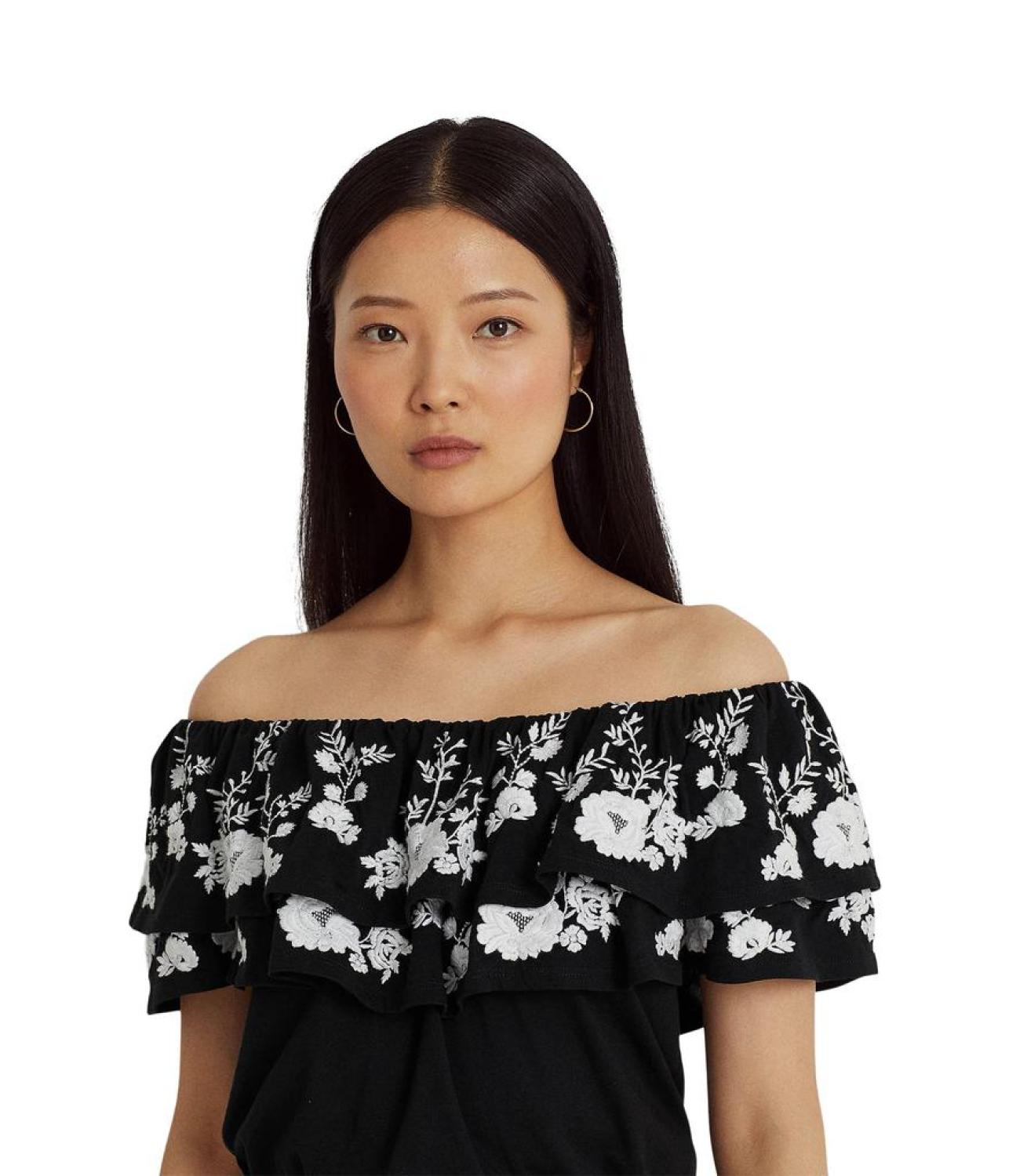 Embroidered Jersey Off-the-Shoulder Top