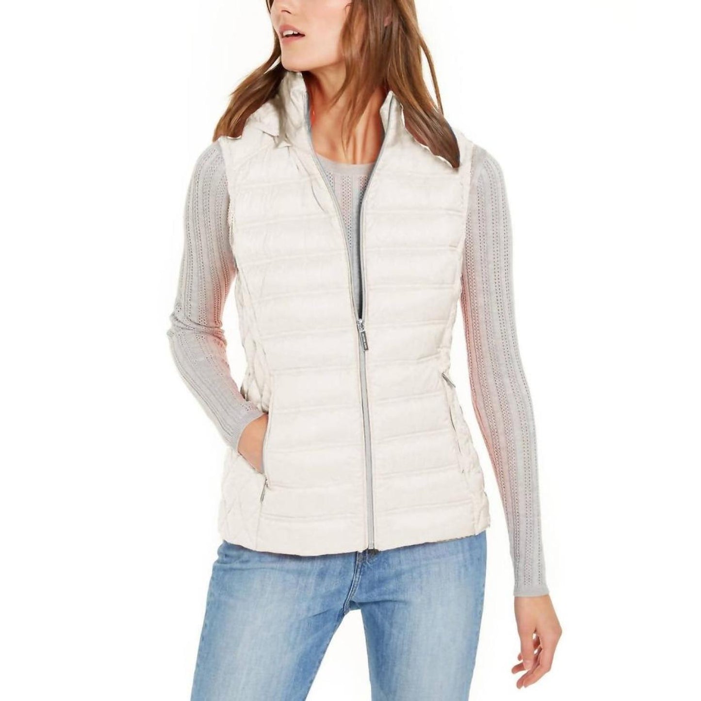 Women's Sleeveless Puffer Vest With Removable Hood In White