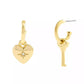 Gold Tone Heart and Key Mismatch Charm Huggie Earrings