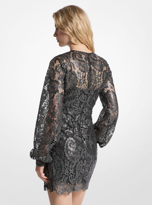 Metallic Paisley Lace Mini Dress