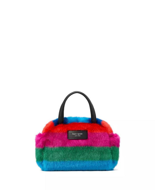 Puffed Striped Faux Fur Satchel Bag