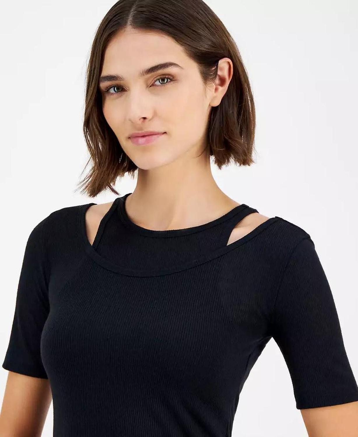 Women's Slim Ribbed Layered-Look Short-Sleeve Top