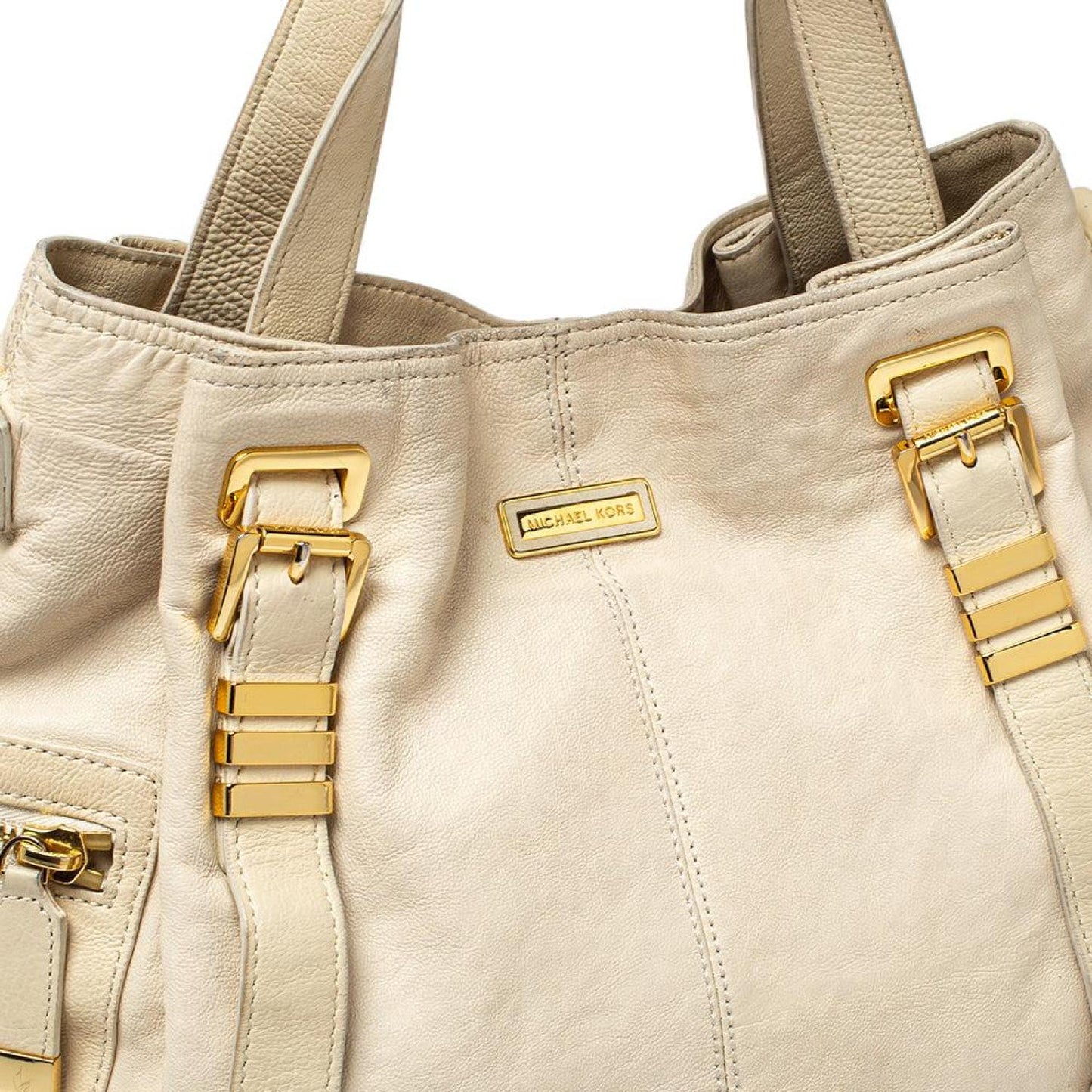 Michael Kors Cream Leather Buckle Side Pocket Shoulder Bag