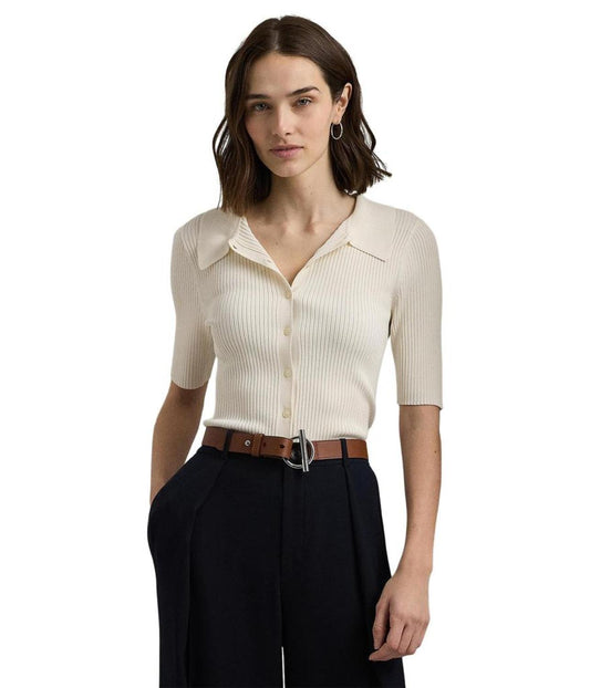 Rib-Knit Elbow-Sleeve Polo Cardigan