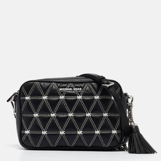 Michael Kors Black/white Quilted Leather Medium Ginny Crossbody Bag