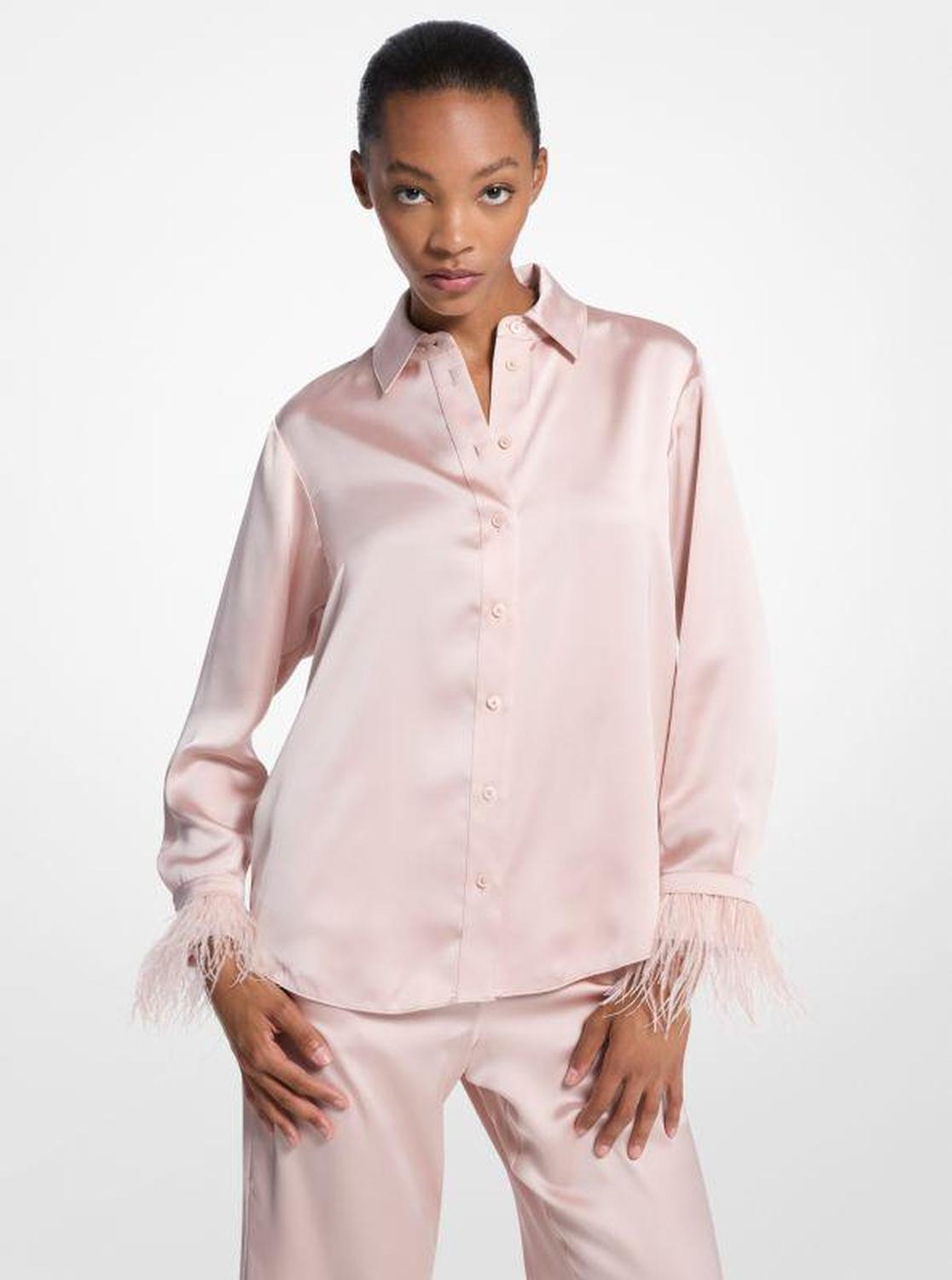 Feather Trim Satin Pajama Shirt