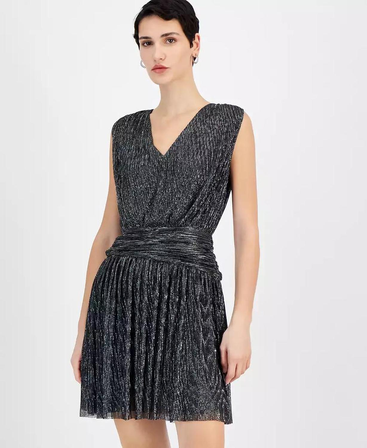 Women's Metallic Pleated V-Neck Mini Dress
