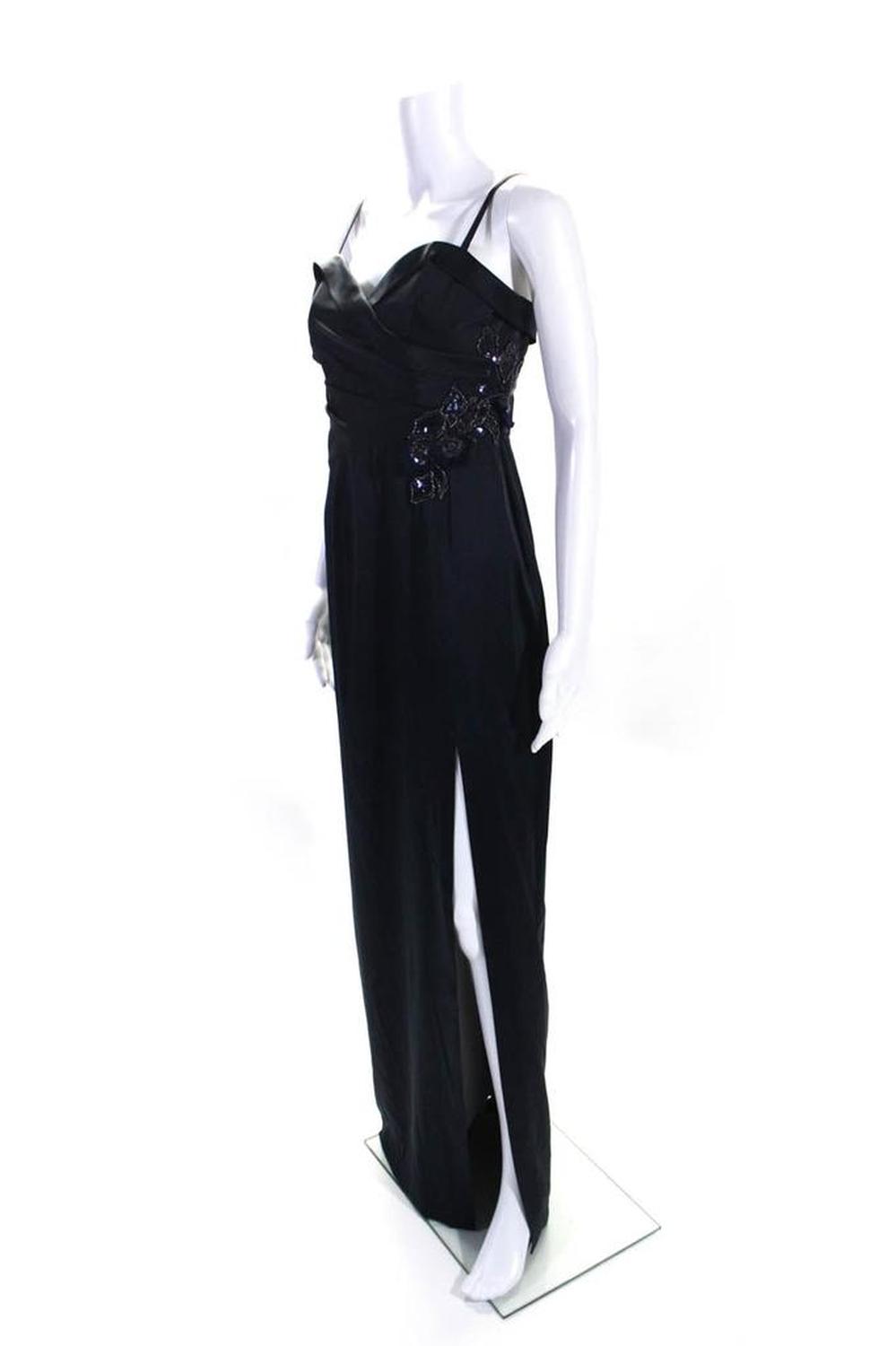 Marchesa Notte Womens Back Zip Side Slit Satin Embellished Gown Navy