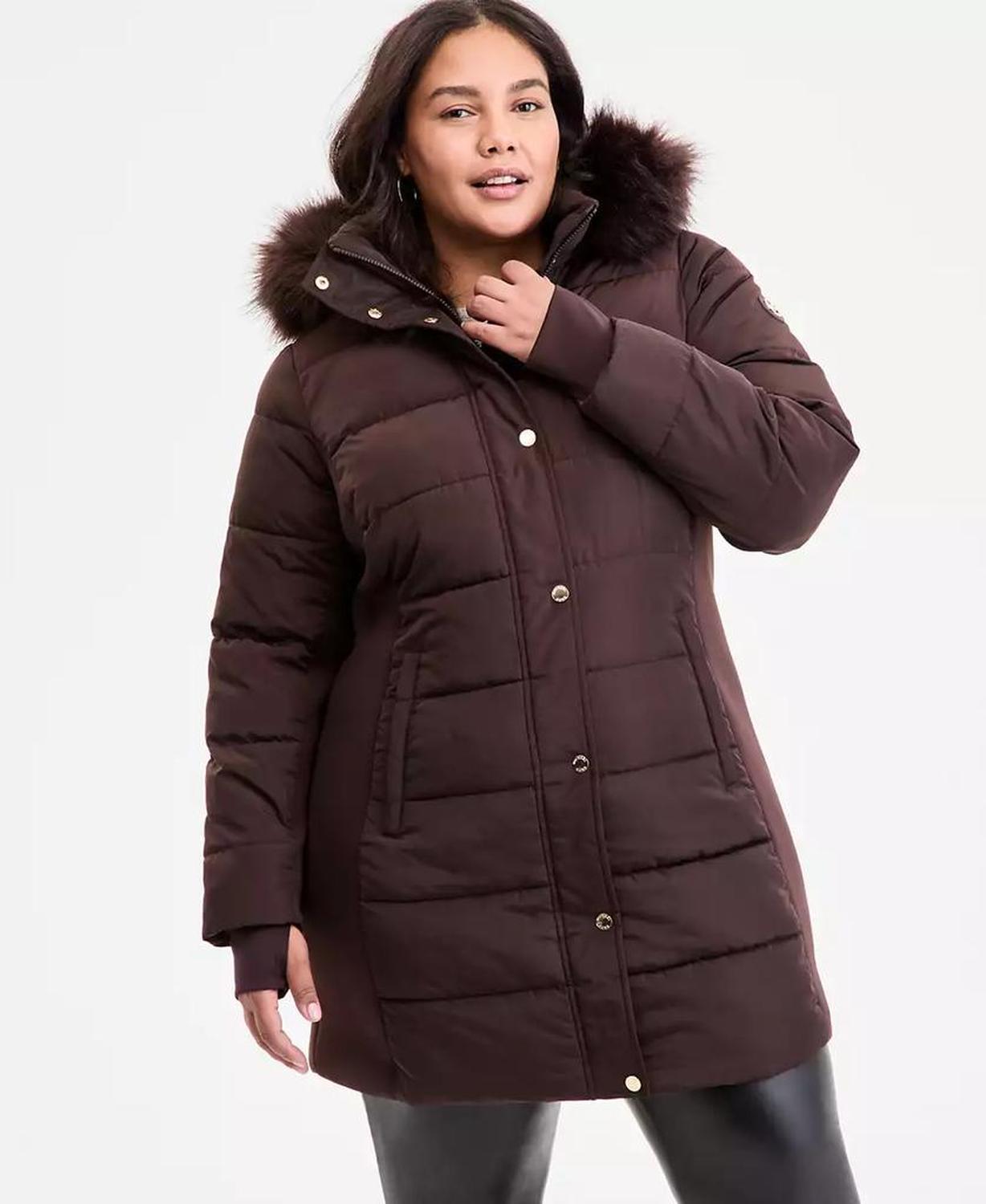 Plus Size Faux-Fur-Trim Hooded Puffer Coat, Exclusively at Macy's