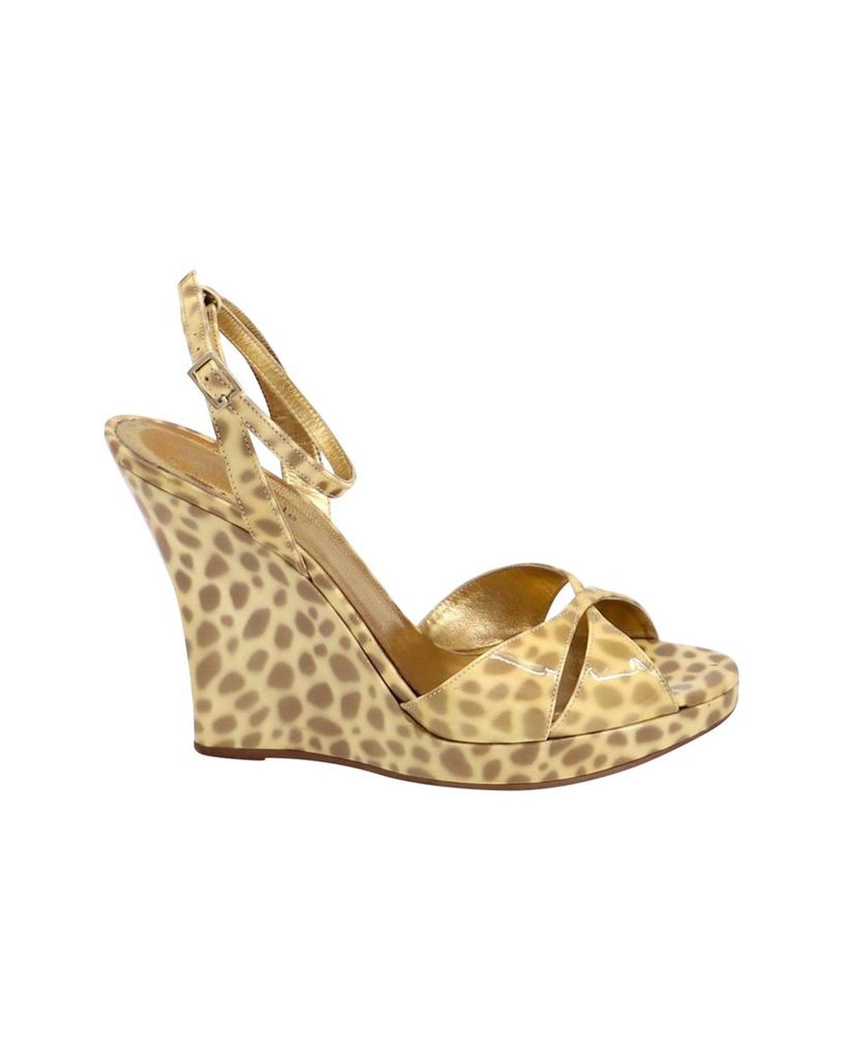Ocelot Wedge Sandals in Gold Patent Leather